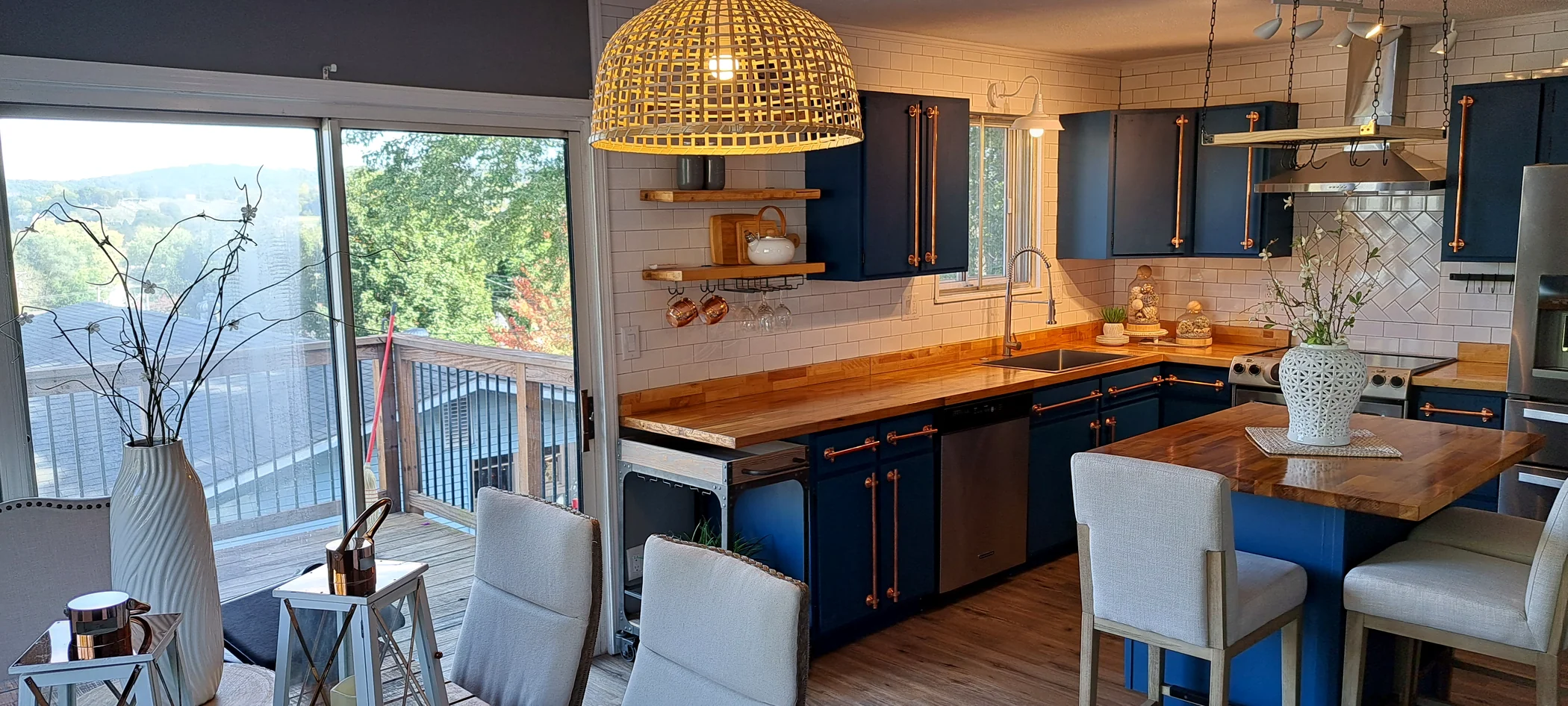 Renovated blue and wood kitchen